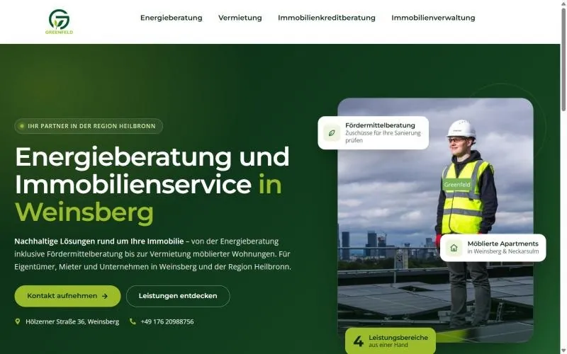 Startseite der Website von Greenfeld GmbH, Energie und Immobilien in Weinsberg